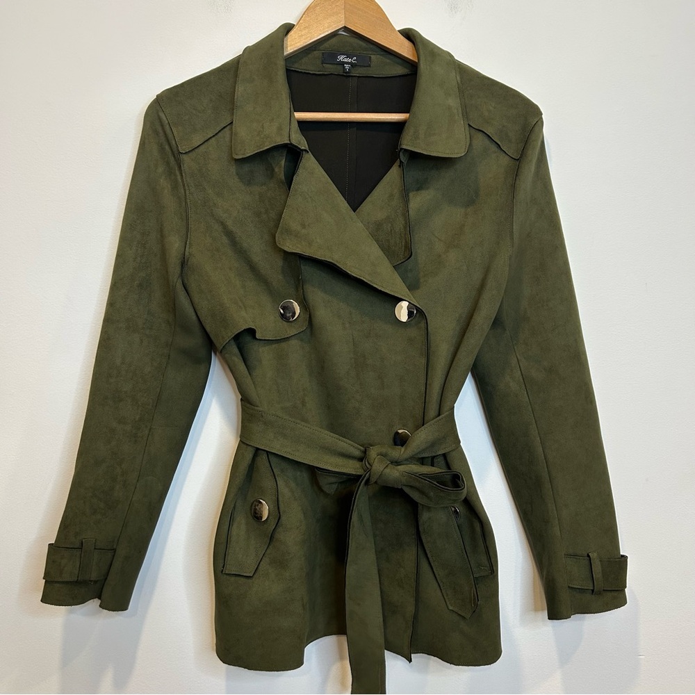Kate Collection Faux Suede Double Breasted Trench Coat Green